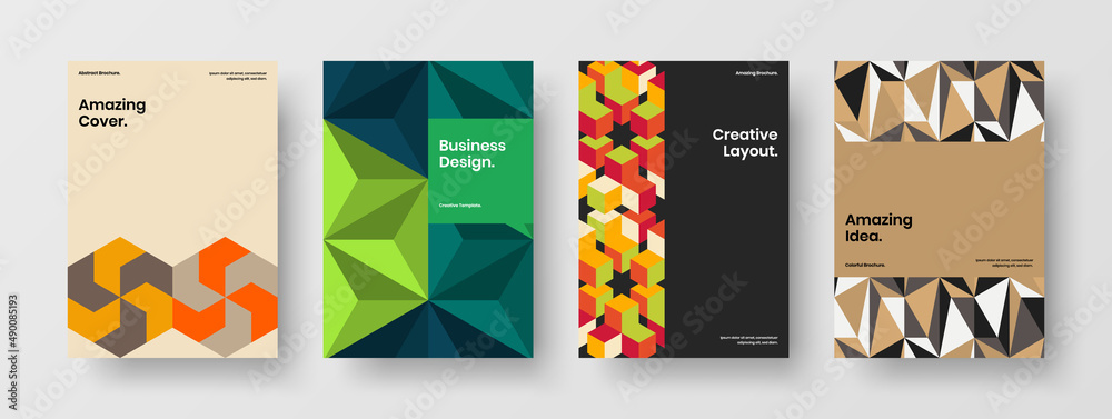 Clean mosaic hexagons presentation illustration set. Premium cover vector design template bundle.
