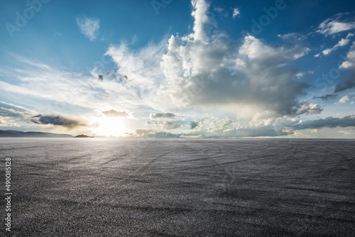 Photography Empty asphalt road platform and beautiful blue sky with white clouds at sunrise