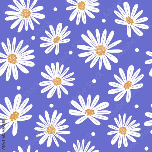 Cute lovely very peri seamless vector pattern background illustration with daisy flowers 