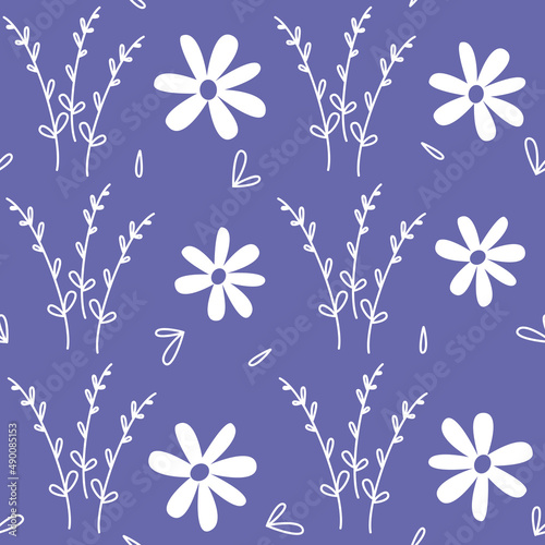 Cute lovely very peri seamless vector pattern background illustration with daisy flowers and romantic branch