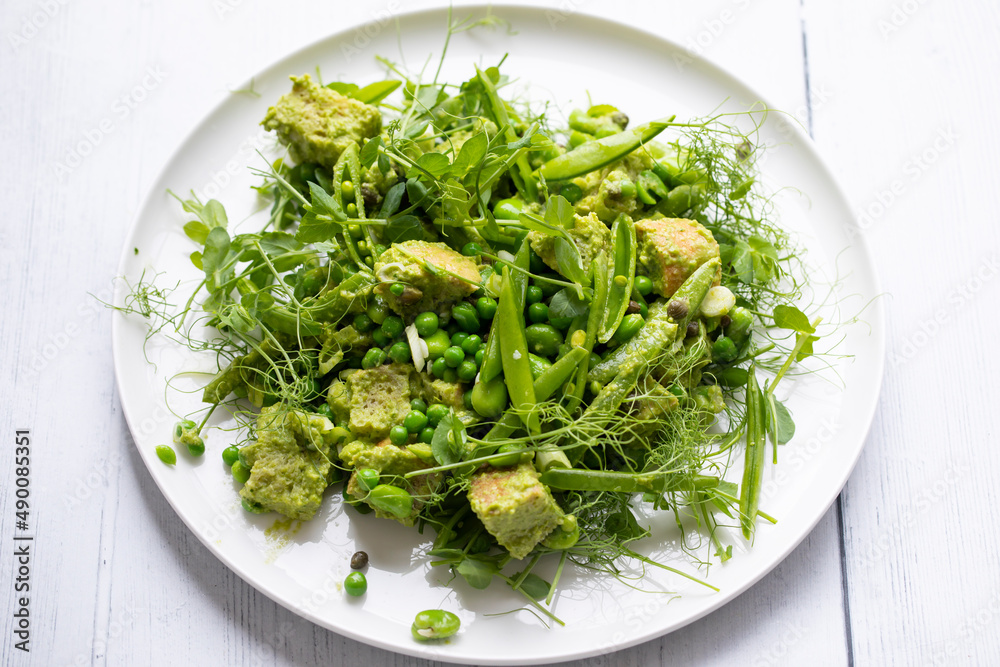 Pea shoots and broad beans panzanella Pea shoots and broad beans panzanella