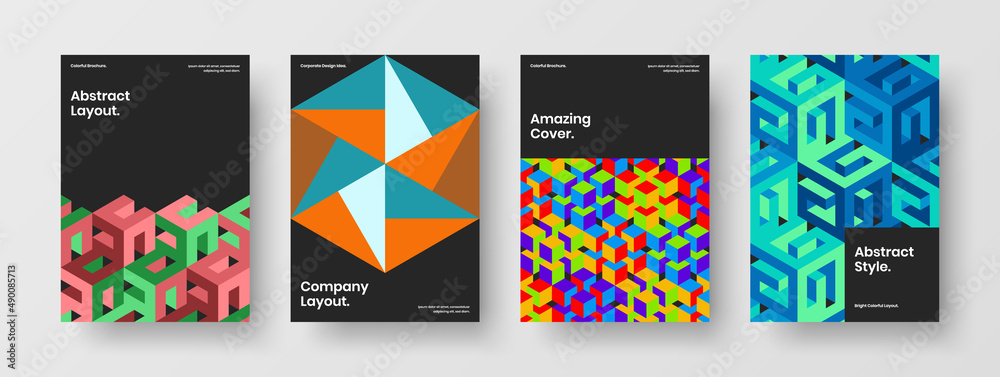 Isolated geometric tiles leaflet concept set. Trendy annual report A4 design vector illustration bundle.