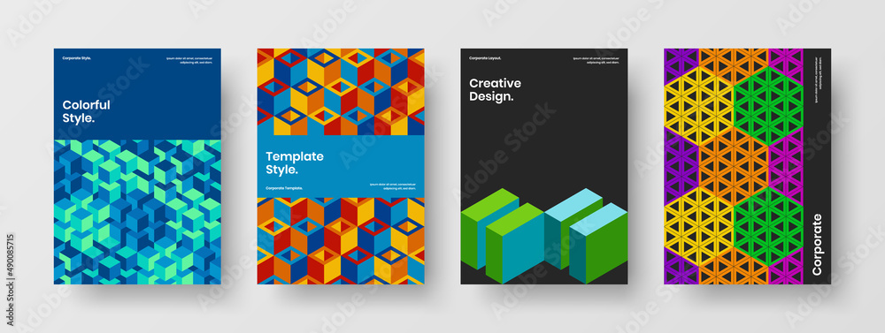 Amazing geometric tiles leaflet template collection. Fresh cover vector design layout bundle.