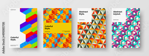 Multicolored placard A4 design vector layout set. Premium geometric hexagons postcard template composition.