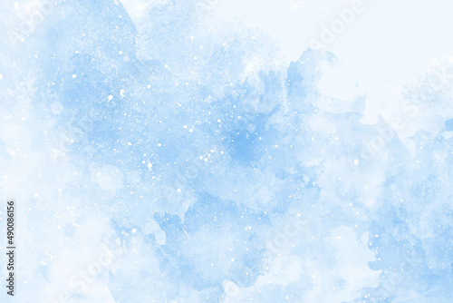 Abstract blue winter watercolor background. Sky pattern with snow. Light blue watercolour paper texture background.Water color design illustration