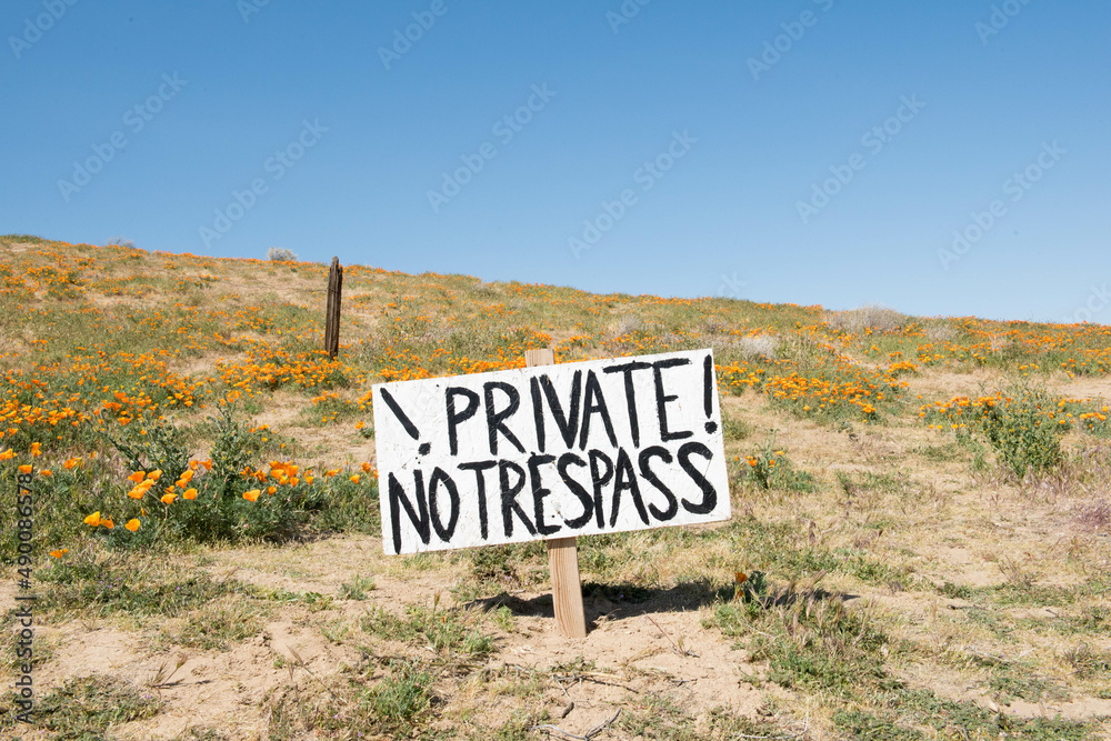 No Trespass Sign at the edge of a poppy field. 