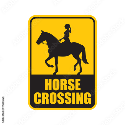Vector yellow square sign with text: Horse crossing. Silhouette of a horse with woman. Isolated on white background.