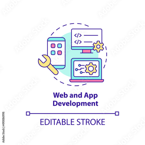 Web and app development concept icon. Create site. Advanced digital skills abstract idea thin line illustration. Isolated outline drawing. Editable stroke. Arial, Myriad Pro-Bold fonts used