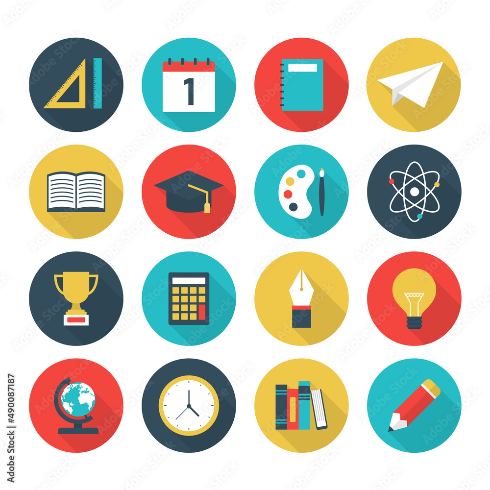 set of education on circles and integrate flat icons. colorful school knowledge sign collection with long shadow. vector illustration in flat style modern design.