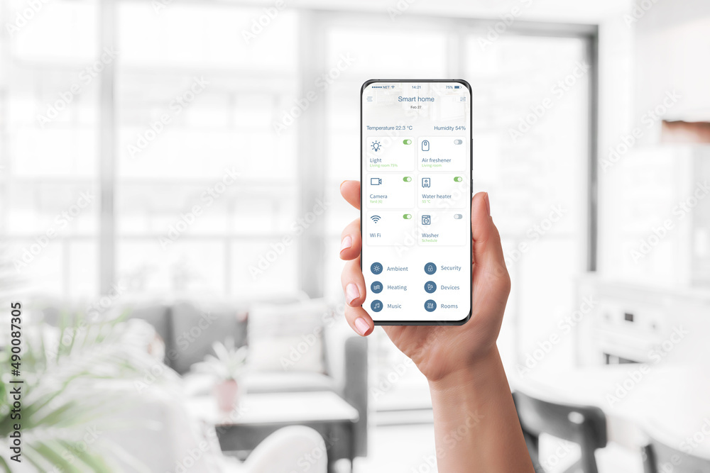 Smart home control app for home automation concept. Modern flat designed app interface with devices control Smart home control app for home automation concept. Modern flat designed app interface with devices control