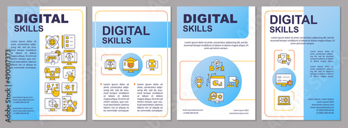 Digital skills blue brochure template. Computer literacy. Leaflet design with linear icons. 4 vector layouts for presentation, annual reports. Arial-Black, Myriad Pro-Regular fonts used