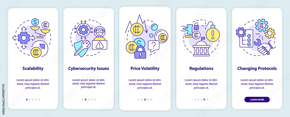 Cryptocurrency drawbacks onboarding mobile app screen. Scalability walkthrough 5 steps graphic instructions pages with linear concepts. UI, UX, GUI template. Myriad Pro-Bold, Regular fonts used