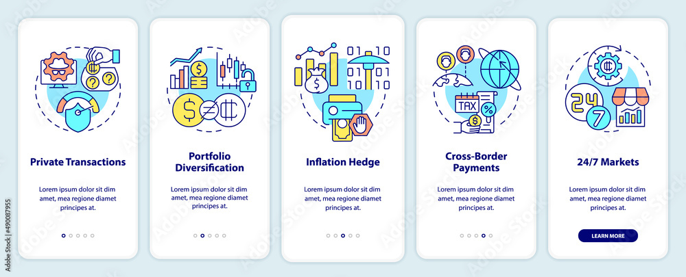 Cryptocurrency advantages onboarding mobile app screen. Payments walkthrough 5 steps graphic instructions pages with linear concepts. UI, UX, GUI template. Myriad Pro-Bold, Regular fonts used