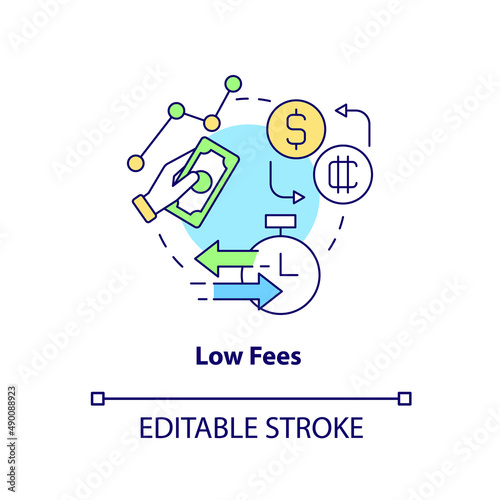 Low fees concept icon. Crypto-currency competitive benefit abstract idea thin line illustration. Affordable sum. Isolated outline drawing. Editable stroke. Arial, Myriad Pro-Bold fonts used