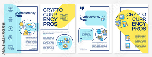 Crypto-currency advantages blue and yellow brochure template. Virtual currency. Leaflet design with linear icons. 4 vector layouts for presentation, annual reports. Questrial, Lato-Regular fonts used