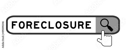 Search banner in word foreclosure with hand over magnifier icon on white background