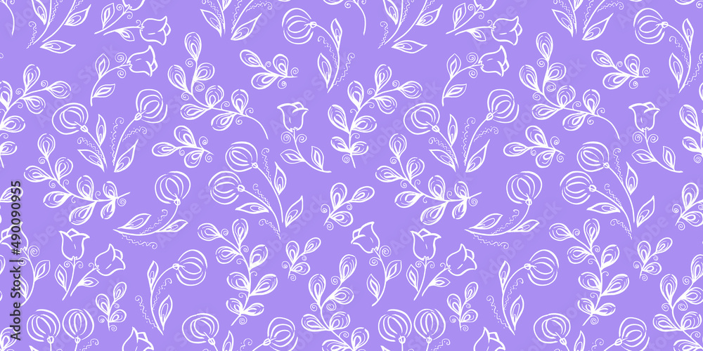 Spring Seamless Pattern. Floral elements in doodle style. Violet background. White Tulip and dandelion flower. Wedding Patterns with leaf