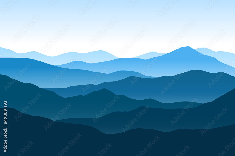 Vector blue landscape with silhouettes of mountains and hills