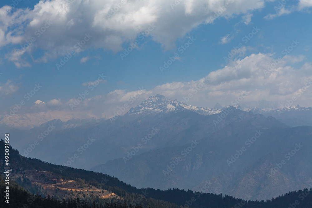 View at the snow capped Himalaya mountains in Central Bhutan, Asia