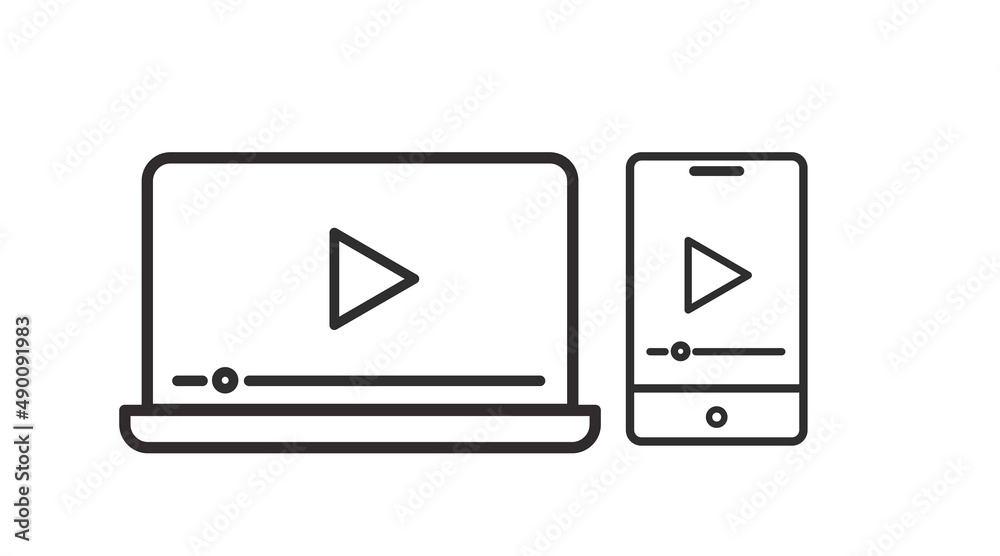 Devices Video Icon Set. Vector isolated illustration set of a laptop and a smartphone playing video Devices Video Icon Set. Vector isolated illustration set of a laptop and a smartphone playing video