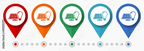 Solar, photovoltaic energy concept vector icon set, flat design renewable pointers, infographic template easy to edit