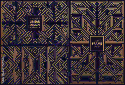 Vector set of monogram design in trendy vintage and mono line style with space for text, abstract golden geometric frames, luxury packaging templates. Use for ad, poster, card, cover. Art deco.