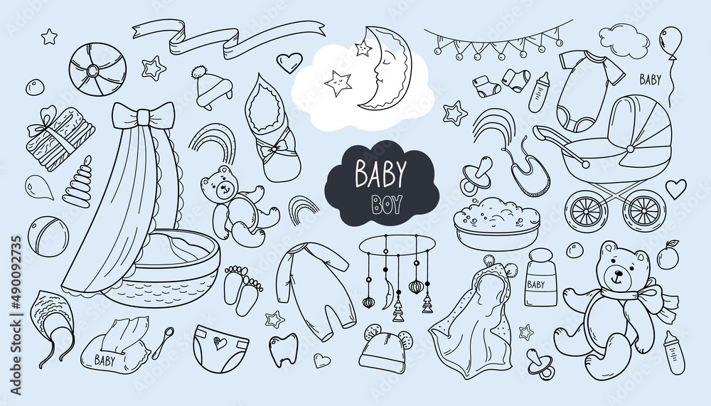 Set of hand drawn baby BOY. Cartoon sketch style doodle for icon, banner. Elements little baby clothes.