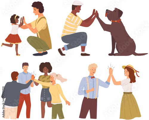 Multinational people giving high five illustrations set. Man, woman, child and pets greeting each other. Characters give five and are rejoice. Happy team during greeting vector illustration