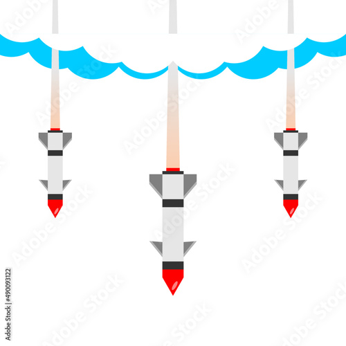 Missile rocket warhead launch frying air strikes in war with white background icon flat vector design.
