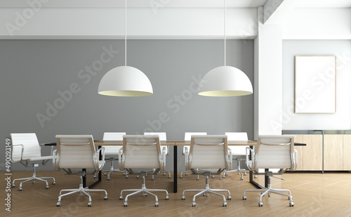 Minimalist meeting room with wood file cabinet and hanging lamp  gray wall and wood floor. 3d rendering