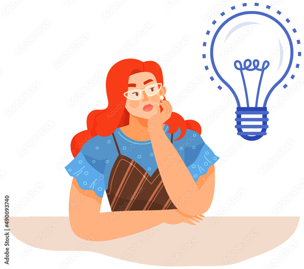 Dealing with poblem and finding solution concept. Woman plans strategy, solves issues. Violent brain activity, creating an optimal solution, development of creative thinking. Girl creates new idea