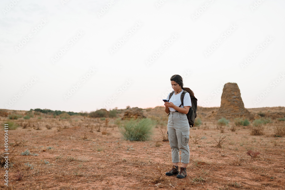 Woman browsing smartphone in desert terrain Woman browsing smartphone in desert terrain