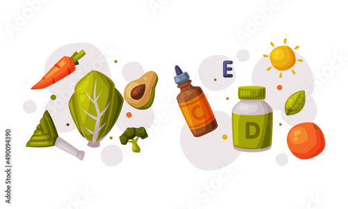 Healthy diet and sports objects set. Fresh organic food and supplements vector illustration