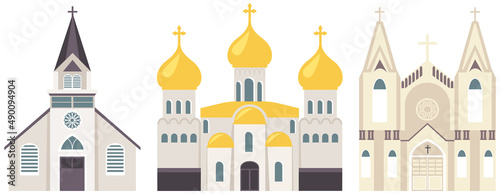 Temple buildings of various religions. Old Catholic Church. Orthodox classic cathedral illustration. Religious building in style of ancient architecture, traditional prayer house with cross on roof