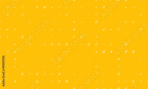 Seamless background pattern of evenly spaced white demiboy symbols of different sizes and opacity. Vector illustration on amber background with stars