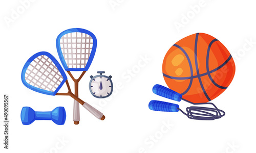 Sports equipment set. Tennis racquets, basketball ball and skipping rope vector illustration
