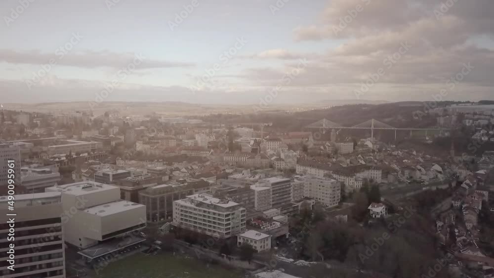 Aerial, panorama of Fribourg city buildings in Switzerland Aerial, panorama of Fribourg city buildings in Switzerland