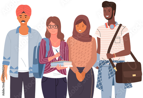 Diverse college, university students standing in line. Group of young people, multicultural men and women. Multinational couples, students of educational institution, university with books and laptops