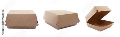 Set with paper boxes on white background, banner design. Container for food