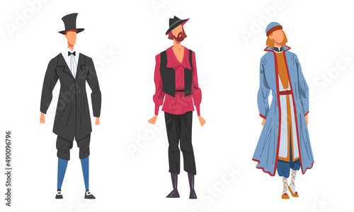 People in national clothing set. Men in European and East European clothing cartoon vector illustration