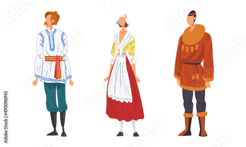 People in national clothing set. Mqn and woman in traditional outfit of different countries cartoon vector illustration