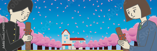 桜満開の青空の下で卒業証書をもって向かい合う男女の生徒