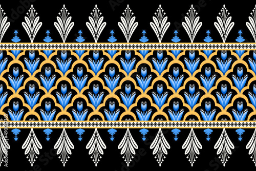 Blue Flower on Black, White, Yellow Geometric ethnic oriental pattern traditional Design for background,carpet,wallpaper,clothing,wrapping,Batik,fabric, illustration embroidery style