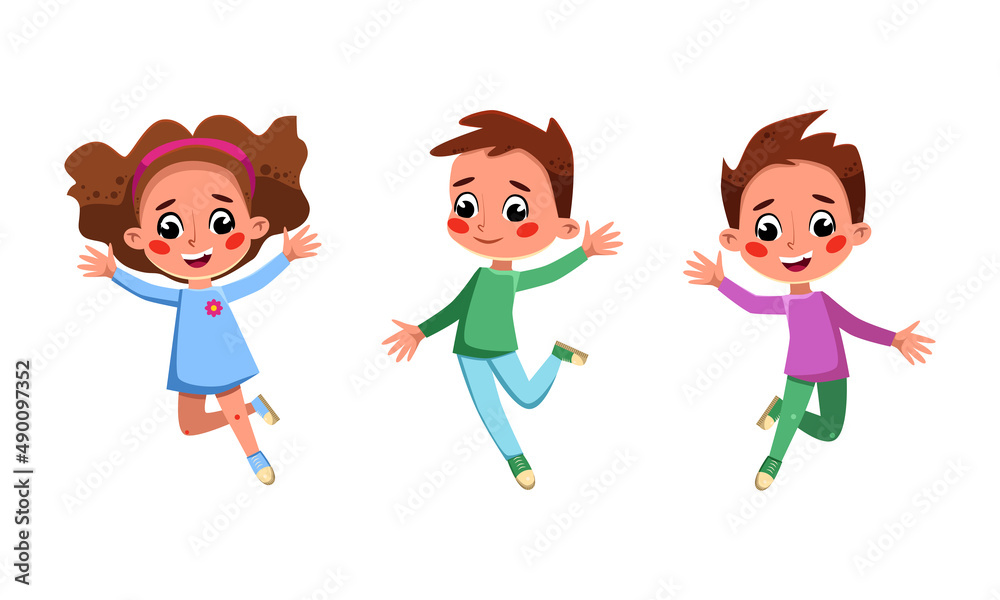 Group of funny kids jumping together. Happy boys and girl having fun cartoon vector illustration Group of funny kids jumping together. Happy boys and girl having fun cartoon vector illustration