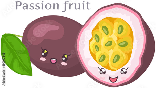 Cute passion fruit sticker kawaii icon design. Adorable cute charming tropical fruit with positive emotions, event or very pleasant situation, japanese culture symbol anime, innocence and childishness photo