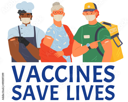 Vaccination promo, immunization of workers. Vaccine saves lives. Stop coronavirus agitation concept. People wearing protective mask showing their arm with bandage after receiving covid-19 vaccine