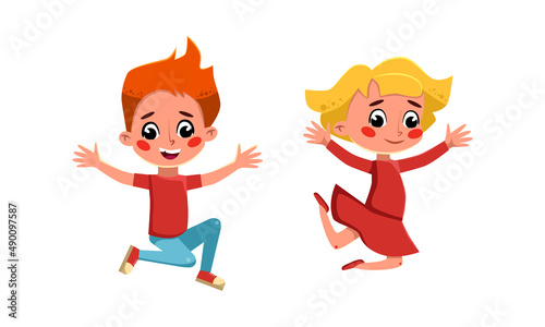 Happy girl and boy happily jumping. Funny kids having fun cartoon vector illustration