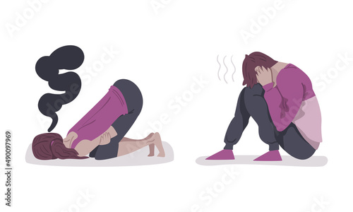 Girls in depressive state of mind set. Mental health problems, stressed depressed people vector illustration