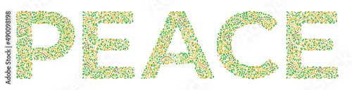 Word Peace in indian ornament in oriental style on white. Lettering with incredible ethnic ornament