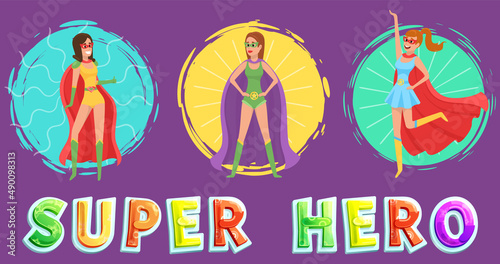 Superwoman smiling, waving hand and has superpowers. Cartoon character in superhero costume with cloak, mask and emblem stands on white background. Strong person protects people from villains